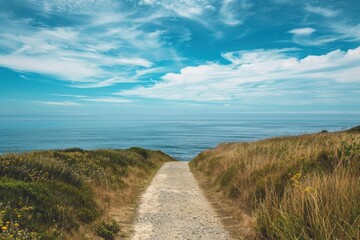 Fototapeta premium Scenic view of a gravel path leading towards the vast ocean, surrounded by wildflowers and dry grass under a cloudy blue sky