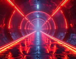 Futuristic tunnel with neon red and blue lights, metallic textures, and a vanishing point
