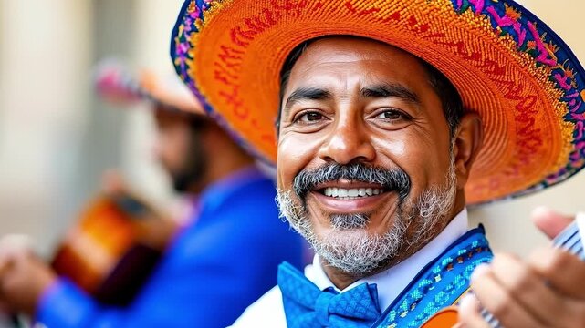 A man in a sombrero smiles while holding a guitar