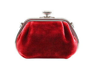 Red velvet coin purse with silver clasp frame, vintage style small handbag isolated on transparent background