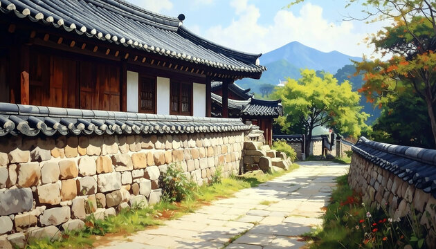 한국 전통 기와집이 있는 돌담길02