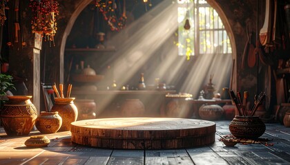 Sunlit artisan workshop with pottery display