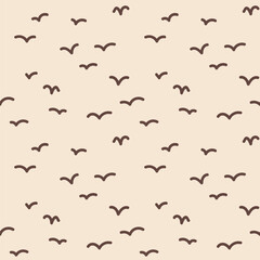 Simple hand painted abstract minimalist pattern of flying birds. Neutral subtle color palette of brown on cream background. Seamless vector pattern. Great for home decor, fabric, wallpaper, gift wrap.