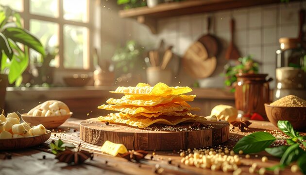Appetizing crispy yellow crackers presented on wooden surface