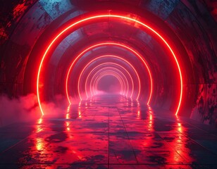 Futuristic tunnel with neon red rings glowing, casting light on a wet tiled floor and misty air