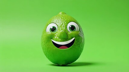 A happy, smiling lime character on a plain green background