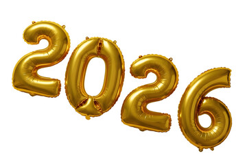 Golden balloons spell out the year 2026 on a black background