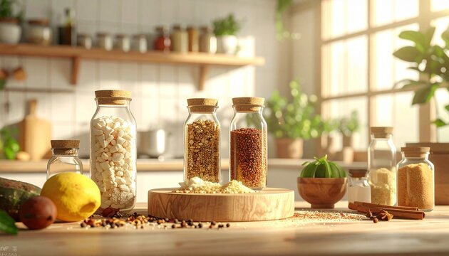 Culinary bounty spices and grains on a kitchen counter