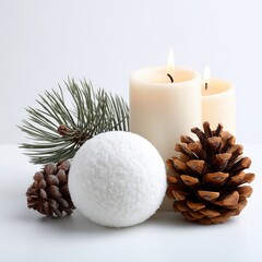 Winter composition with snowball, lit candles, pine cones, and pine branch for cozy holiday decor