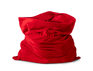 Red Santa Claus sack full of presents, PNG with transparent background. Festive Christmas bag, velvet texture, perfect holiday design element for seasonal projects.