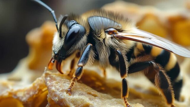 A bee meticulously gathers nectar from a honeycomb, showcasing its intricate features and the vibrant texture of the honey-filled cells under natural sunlight.
