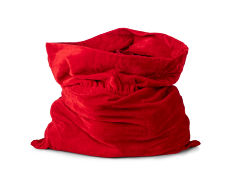 Red Santa Claus sack full of presents, PNG with transparent background. Festive Christmas bag, velvet texture, perfect holiday design element for seasonal projects.