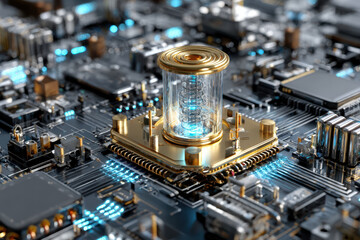 Detailed view of a futuristic circuit board with a glowing, transparent component