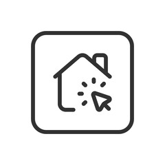 Real Estate Home House Click line icon &ndash; house with cursor or finger tap outline vector for property selection, interactive listing, home search UI