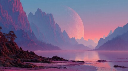 Panoramic Sci-Fi Landscape of Snowy Mountains with a Giant Pink Planet Rising on the Horizon
