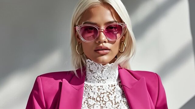 A woman wearing a pink suit and sunglasses