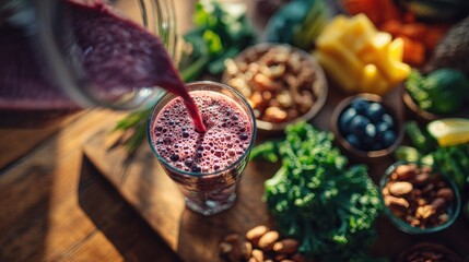 Fresh smoothie pouring into glass with healthy ingredients