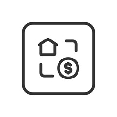 Real Estate House Money Deal line icon &ndash; house with money bag and handshake outline vector for property sale, real estate transaction, home purchase agreement UI