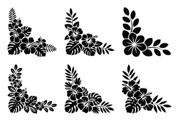 Tropical floral corner designs set with hibiscus and monstera leaves, decorative vectors