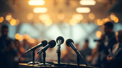 Press conference setup with microphones on podium and journalists in background for Press day