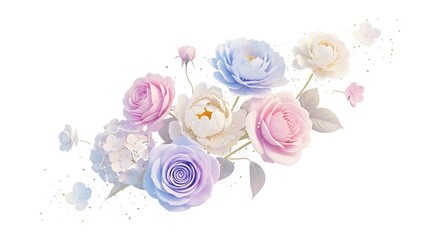 Delicate pastel flowers bouquet including roses and hydrangeas on white background