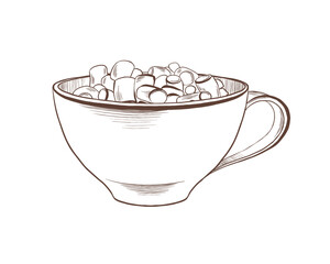 Classic wide porcelain cup with elegant handle,featuring Americano coffee,marshmallow as a symbol of winter cozy,Christmas spirit for coffee lovers,celebrations,simply a break.Vector clipart in line