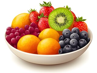 A bright white bowl overflowing with a colorful assortment of fresh ripe fruits including strawberries blueberries grapes kiwi and citrus