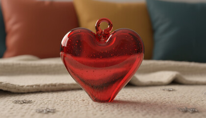 Close-up of a red, glass heart ornament placed on a textured blanket with colorful pillows in the background.