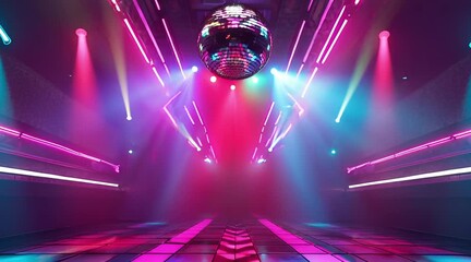 Vibrant futuristic neon dance floor with spinning disco ball and powerful spotlights creating a dazzling atmosphere for music events and nightlife