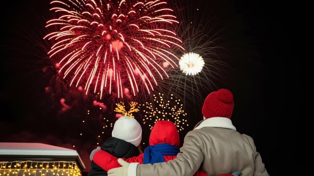 Family watching fireworks christmas new year celebration outdoors night rooftop family watching fireworks together creating joyful holiday memories with bundled people winter coats hats and scarves