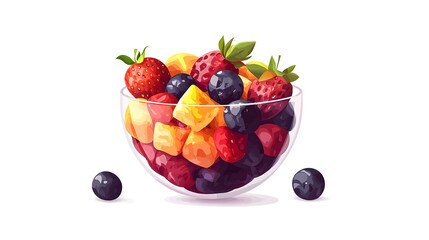 A clear glass bowl overflowing with a colorful assortment of fresh berries and chopped fruit set against a clean white background