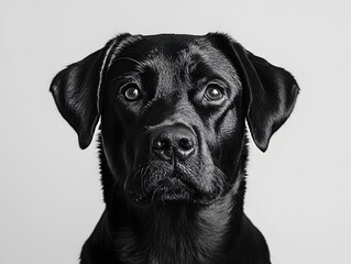 A close up black and white studio portrait of a black Labrador retriever dog looking forward
