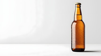 A cold refreshing beer bottle glistening with condensation droplets on a minimalist white background