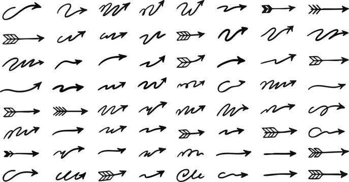 Set of black handdrawn scribble arrows collection different shapes signs pointers