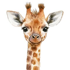 A cute watercolor illust n of a baby giraffe s head and neck isolated on a white background showcasing its adorable features and spotted pattern