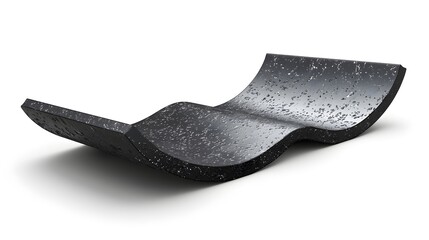A dark textured wavy object made of flexible material is isolated on a white background