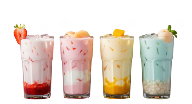 Four glasses of fruit milkshakes with strawberry, lychee, and mango toppings, isolated on transparent background, showcasing a refreshing and colorful summer beverage collection