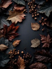 A textured arrangement of dark autumn leaves in earthy tones, showing detailed veins and soft shadows for a moody natural background