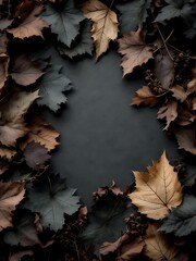 A textured arrangement of dark autumn leaves in earthy tones, showing detailed veins and soft shadows for a moody natural background