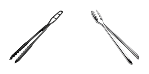 Studio shot of two pairs of silver stainless steel food serving tongs