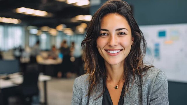 Confident businesswoman smiling in a modern office during a busy workday with colleagues in the background