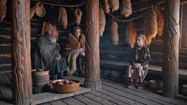 Viking elder and woman sit in longhouse. Man and child sit near wooden post. Dried meat hangs from beam above them. Medieval costume and rustic cabin interior visible. Historical atmosphere of life.