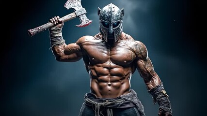 A man in a viking costume holding an axe in his hand