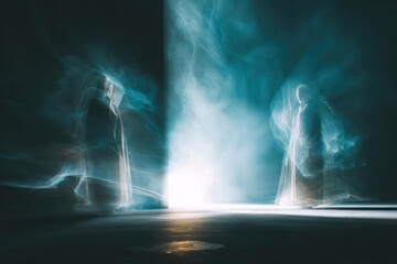 Ethereal blue and white light beams illuminate abstract smoky shapes creating a mystical and otherworldly atmosphere