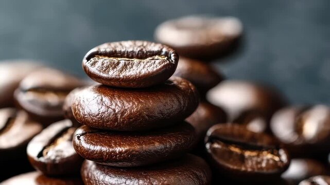A collection of dark roasted coffee beans rests on a rustic surface, showcasing their glossy exterior. The rich aroma and texture invite a sensory experience for coffee lovers.