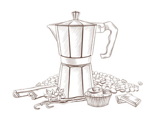 Metal geyser coffee maker,coffee beans,cinnamon,vanilla pods and flowers,chocolate,sweet dessert Turkish delight.For morning ritual of coffee lovers.Vector illustration hand drawn in line style