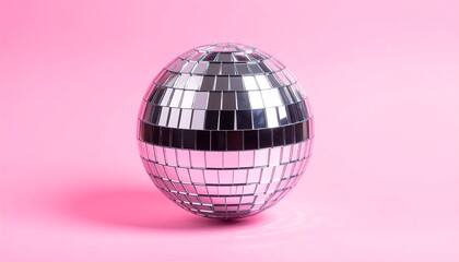 Mirrored disco ball on a pink surface, casting a faint shadow. Soft lighting