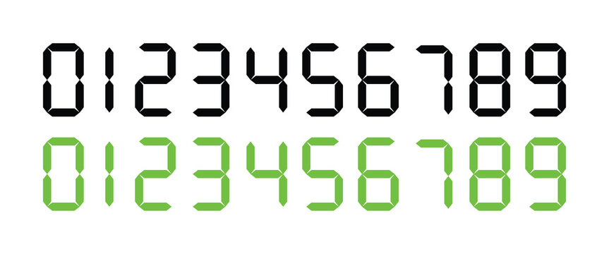 Digital Clock Numbers Vector Set with Green and Black LED Display Style from Zero to Nine