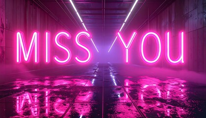 MISS YOU" neon light letters down a hazy, reflective tunnel with overhead lights, giving a futuristic vibe