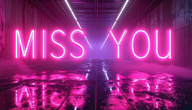 MISS YOU" neon light letters down a hazy, reflective tunnel with overhead lights, giving a futuristic vibe